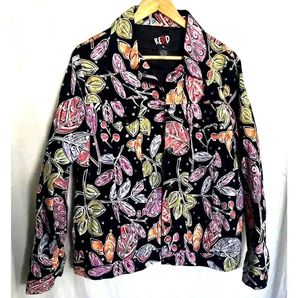 Vintage Sequin 90s Jacket Floral Black Denim Stretch Cotton REDD Jeans Size 12